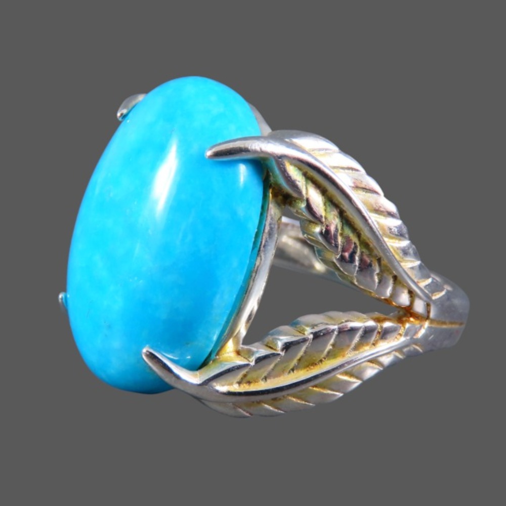 TF STERLING SILVER Cocktail Ring TURQUOISE BLUE AMAZONITE CAB Feather/Leaves 7